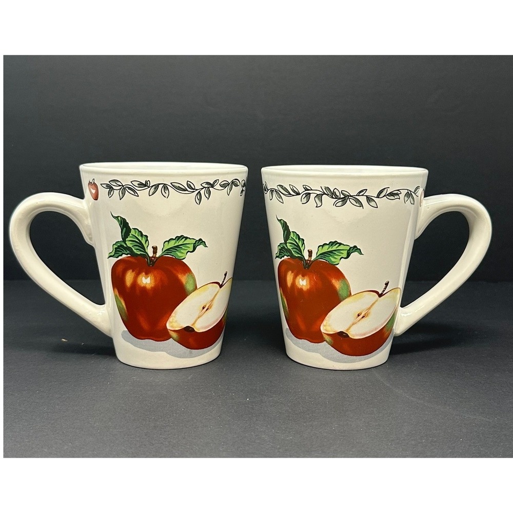 Todays Home Red Apple Ceramic Coffee Mug Set of 2 White Farmhouse Orchard A2